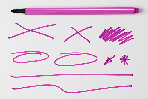 Pink Pen and Doodles Isolated on White Background with Real Shadow and Text Space