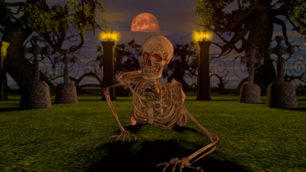 istock Attacking skeletons at night in the cemetery. Halloween concept. 3D rendering. 1249391897