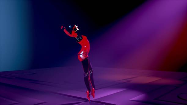 istock Cute cyber girl android artificial intelligence dj in headphones dancing on the catwalk in neon light. 3d rendering. 1249391928