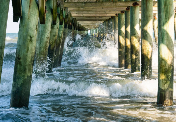 View on the waves and the afternoon sun under the peer.