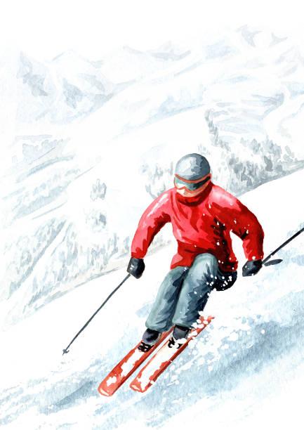 istock Skier in the ski mountain resort, winter recreation and vacation concept. Hand drawn watercolor illustration and background 1249402103