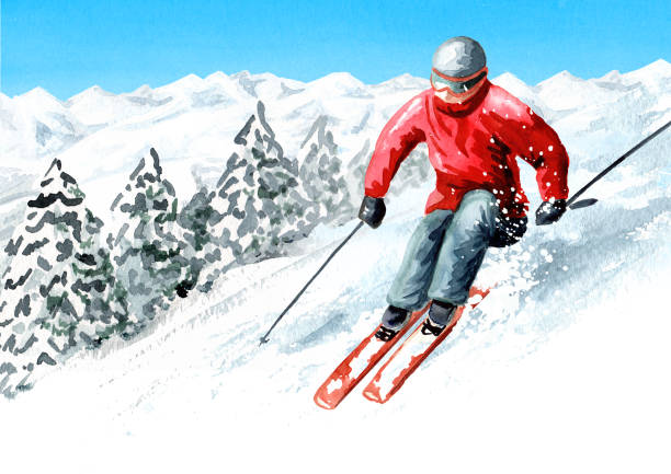 istock Skier in the ski mountain resort, winter recreation and vacation concept, Hand drawn watercolor illustration and background 1249402144