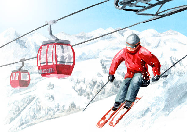istock Skier against  funicular in the ski mountain resort, winter recreation and vacation concept. Hand drawn watercolor illustration 1249402170