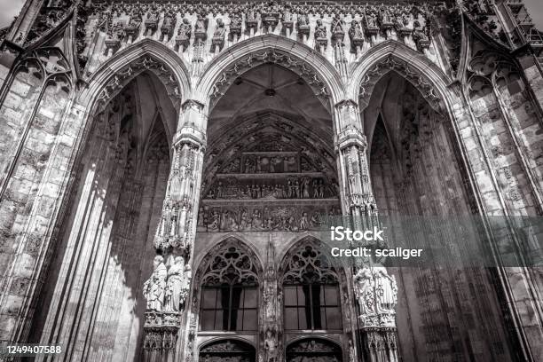 Ulm Minster Or Cathedral Of Ulm City Germany It Is Top Landmark Of Ulm Front View Of Ornate Entrance Of Old Gothic Cathedral Stock Photo - Download Image Now