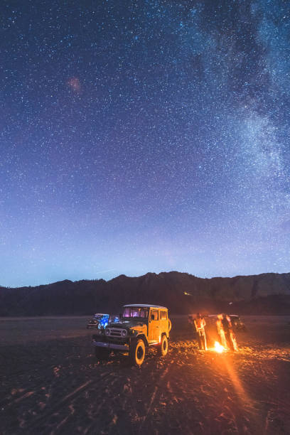 istock Transportation with Astrophoto starry night Milky way at Volcano Mt.Bromo East Java Indonesia 1249409006