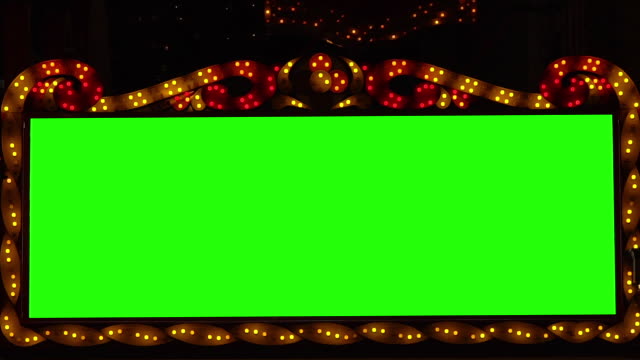Slow Motion: golden bulbs marquee lights Banner background with green screen