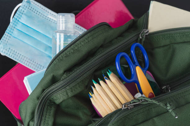 istock Backpack prepared with study supplies and mask for the return to school. Covid-19 concept. 1249414358