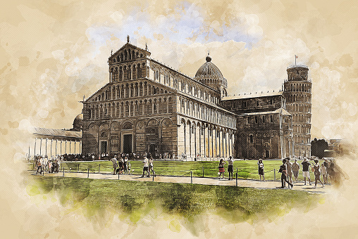 The Square of Miracles in Pisa, Italy. Cathedral or Duomo and  Leaning Tower of Pisa, sketch drawing
