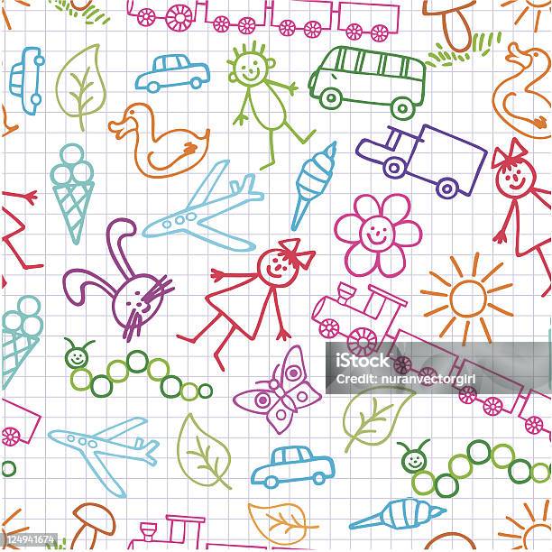 Childrens Drawings Doodle Background Stock Illustration - Download Image Now - Child's Drawing, Bus, Doodle