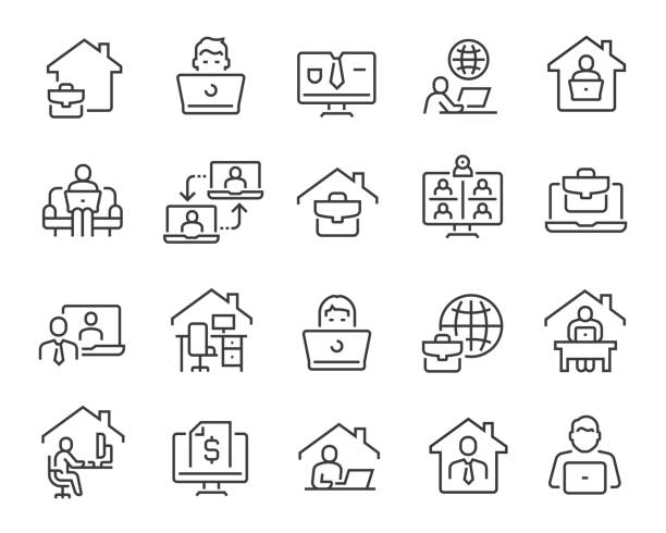 프리랜서와 홈 아이콘에서 작업. 편집 가능한 벡터 스트�로크 - office group of objects vector symbol stock illustrations