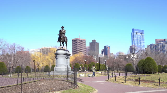 Panning shot George Washington Statue at Boston Common Park, MA USA.