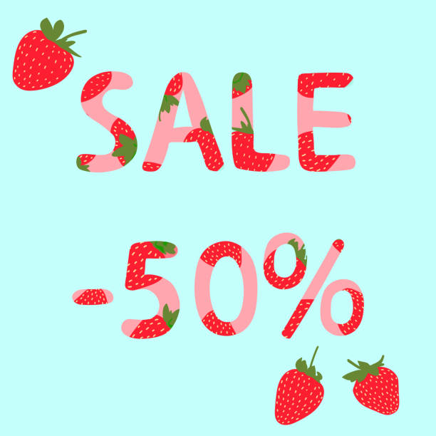 Sale banner with text and strawberries. Colorful summer frame template. Sale banner with text and strawberries. Colorful summer frame template. Vector flat cartoon illustration. 156 number stock illustrations
