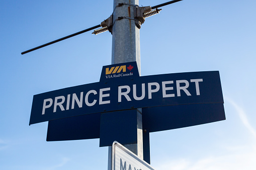 Prince Rupert, Canada - May 17, 2020. A sign for the VIA Rail train station in Prince Rupert.