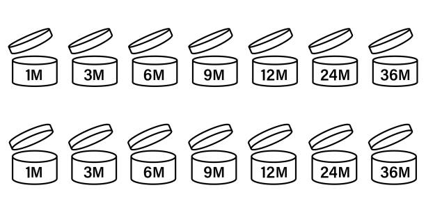 파오 기호 유통 기한 벡터 아이콘. 화장품 오픈 기간 사용 로고. 3, 6, 12, 24, 36, 3m, 6m, 12m, 24m, 36m 달 제품 마크 전에 최고. 크림 eu 팩 라벨. 격리된 흰색 배경 - 12 18 months illustrations stock illustrations