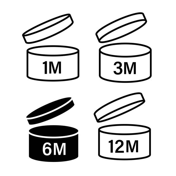 pao symbol haltbarkeit vektor-symbol. kosmetische offene periode verwenden logo. 3, 6, 12, 24, 36, 3m, 6m, 12m, 24m, 36m monatsbest vor der produktmarke. creme eu pack etikett. isolierter weißer hintergrund - 12 18 months stock-grafiken, -clipart, -cartoons und -symbole