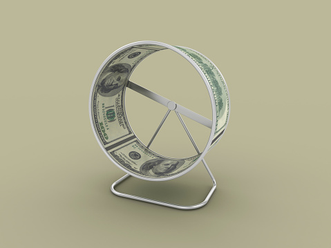 Exercise Hamster Wheel with Dollar Bills - 3D Rendering