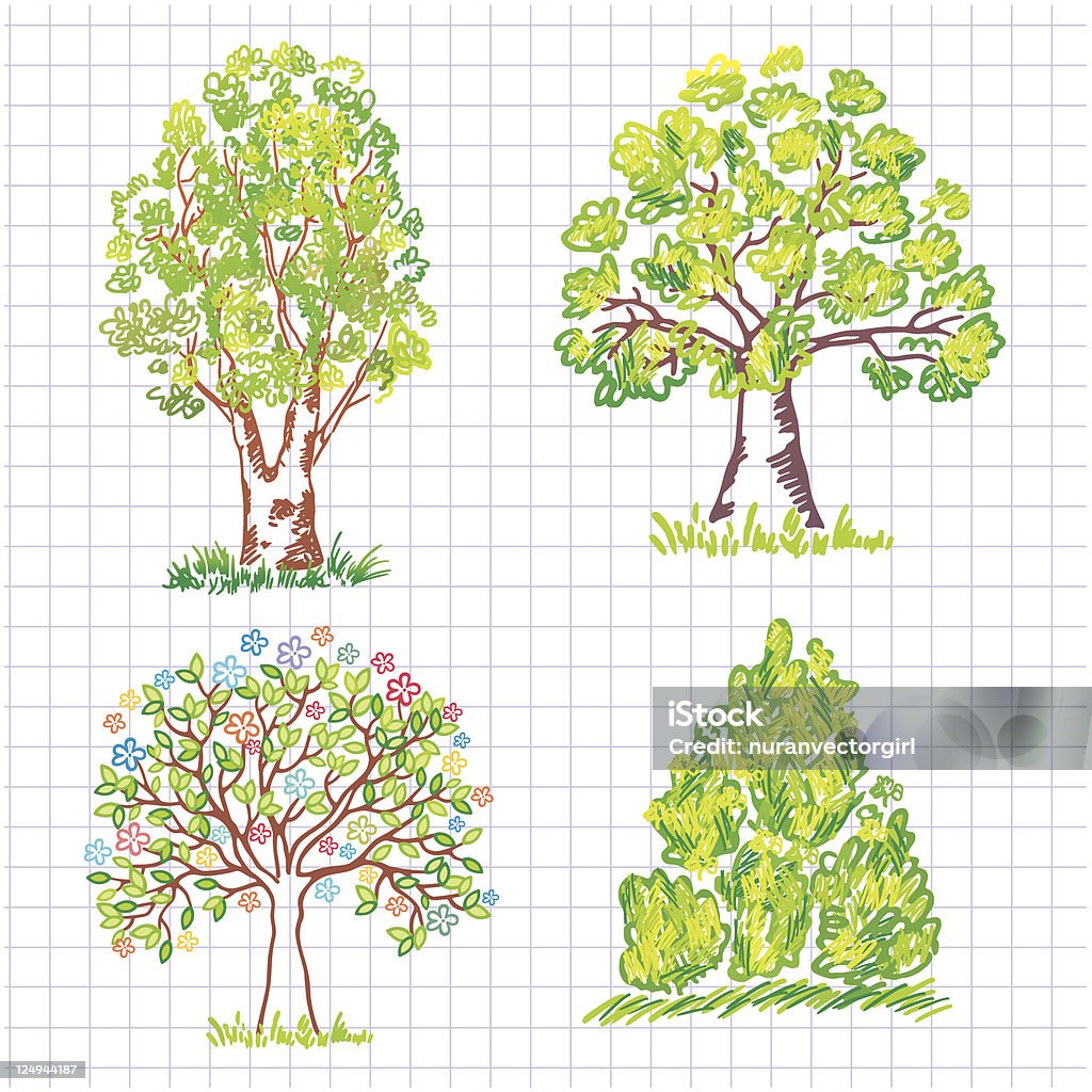 Ensemble de magnifique arbres verdoyants. Petits dessins, gribouillis, griffonnages. - clipart vectoriel de Arbre libre de droits