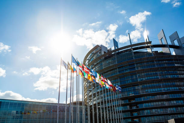 gran fachada edificio europeo parliament en estrasburgo con todas las banderas miembros de la ue, incluido el reino unido - european culture architecture strasbourg france alsace fotografías e imágenes de stock