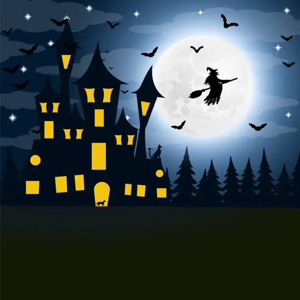 Vector illustration of Halloween, the witch s house on the full moon.