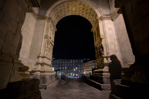 Naples, Italy - October 09, 2019: Medieval fortress with 5 towers & a Renaissance triumphal arch.