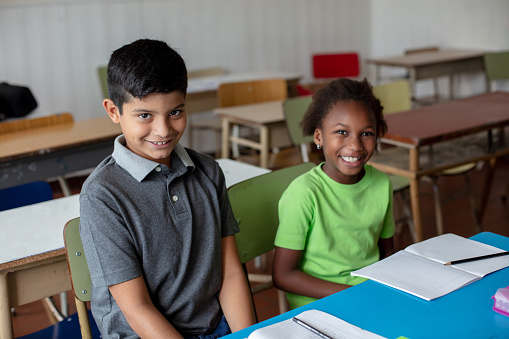 Cute little boy and girl at a rural school sitting at their desks smiling at camera very cheerfully