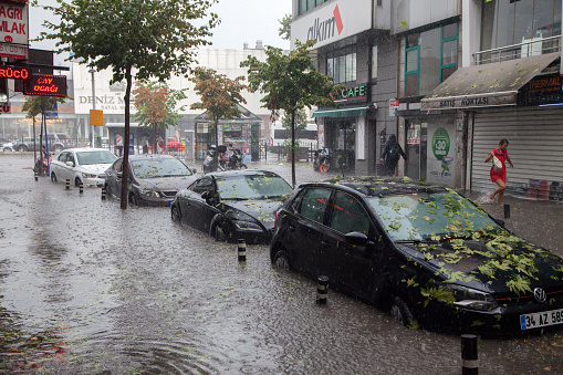 Flood in a street in Istanbul A street in Beşiktaş district.İstanbul,Turkey 27 july 2017.