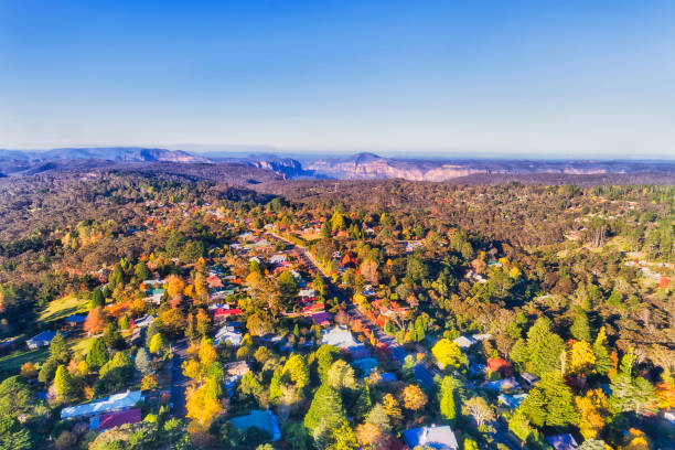 D BM Blackheath 2 canyon Local regional town Blackheath in Blue Mountains of Australia in aerial view towards the Grand Canyon. blue mountains australia photos stock pictures, royalty-free photos & images