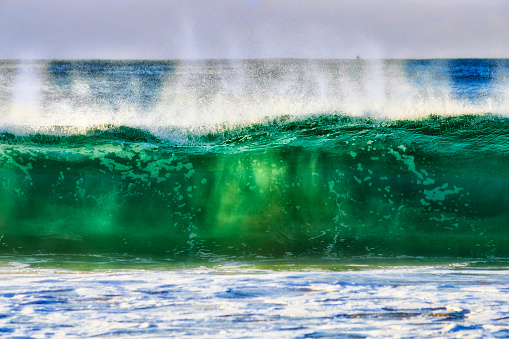 Tall wave of emerald saltwater with inclusion of sand rolling to Bungan beach of Sydney in morning sun light.