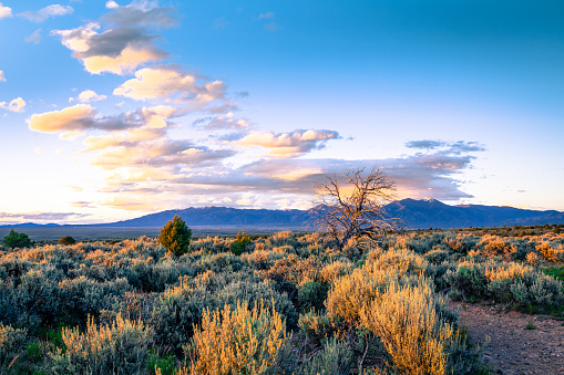 Evening approaches over a scenic roadside lookout south of Taos, New Mexico.