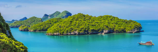 istock Angthong national marine park, koh Samui, Suratthani, Thailand. Web banner in panoramic view. 1249457655
