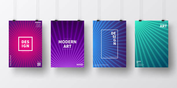 Posters with colorful lines designs, isolated on white background Four realistic posters in vertical position with modern and trendy backgrounds, isolated on white wall. Abstract colorful illustrations. Geometric designs with lines and beautiful color gradients (colors used: Red, Purple, Pink, Green, Blue, Black, Turquoise). Template for your own design, with space for your text. The layers are named to facilitate your customization. Vector Illustration (EPS10, well layered and grouped), wide format (2:1). Easy to edit, manipulate, resize and colorize. neon turquoise stock illustrations