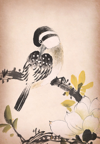 Traditional Chinese painting of flowers and a bird on tree