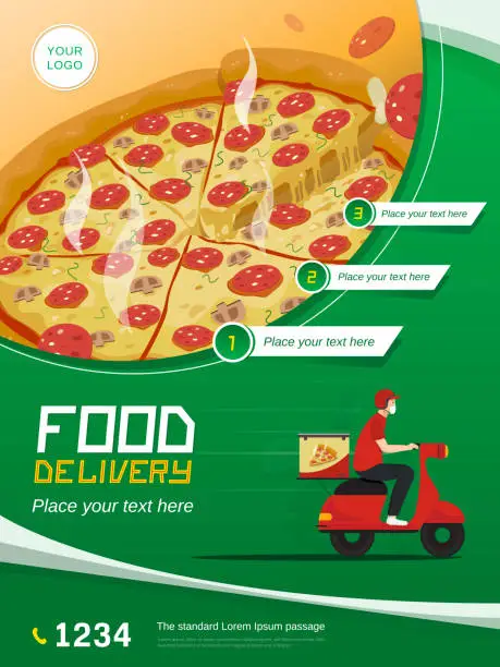 Vector illustration of Food delivery service web banner with motorcycle and space for your text on green background