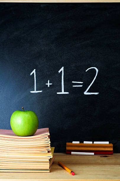 istock Teacher's desk with stack of books apple and chalkboard 124946633