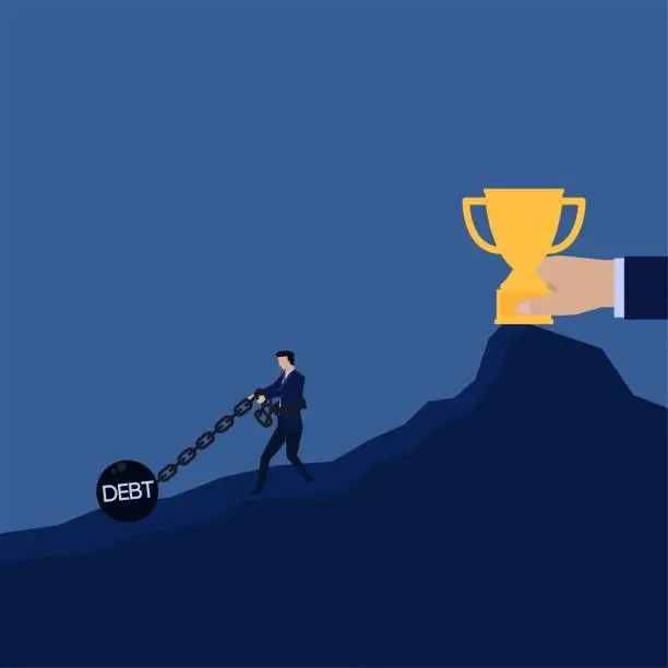 Vector illustration of Businessman pull chain ball prisoner debt to get trophy metaphor of lose.