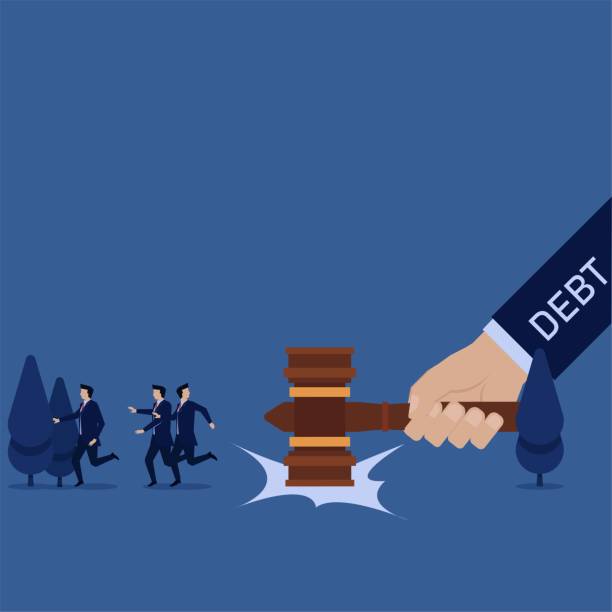 ilustrações de stock, clip art, desenhos animados e ícones de business hand hit hammer to ground and team run away metaphor of debt. - hit and run