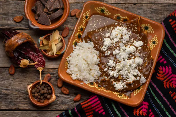 Photo of Mexican mole enchiladas with rice on wooden background