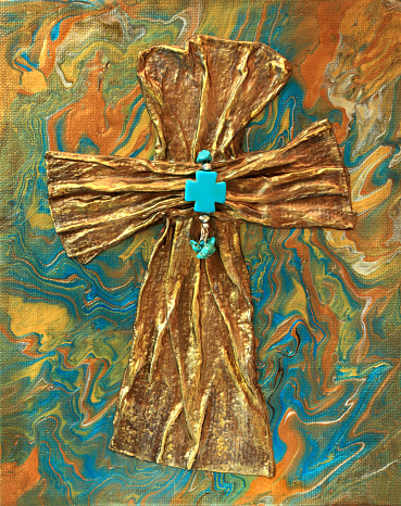 Draped and molded metallic gold Cross with a turquoise cross accent. Background is metallic gold and turquoise poured paint. Mixed Media art.