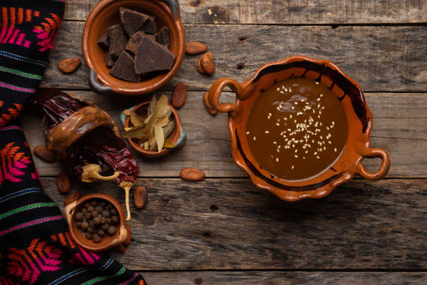 mexikanische maulwurfsauce auf holzhintergrund - plate ingredient food chocolate stock-fotos und bilder