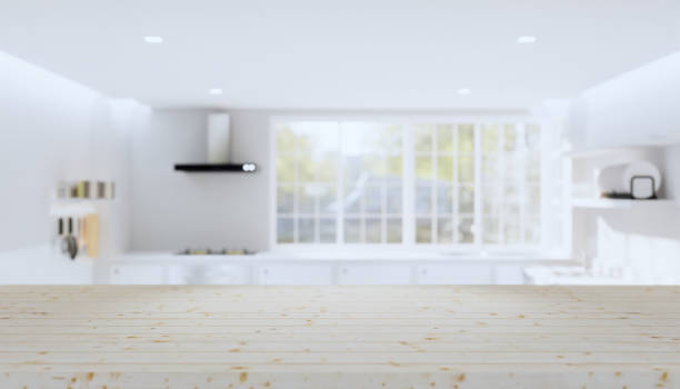 istock 3d rendering of wood counter top product display  and blurred kitchen background. 1249479290