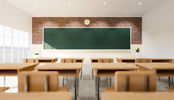 istock 3d rendering of classroom interior and empty green board background. 1249479323