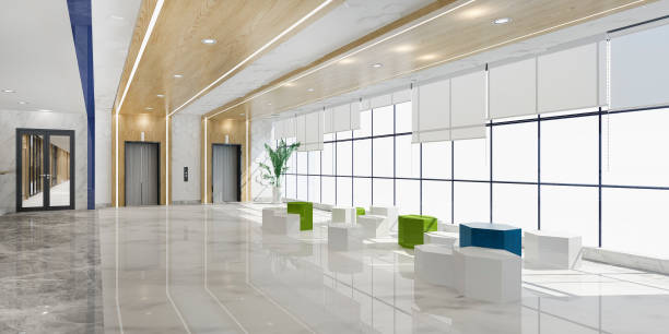 istock 3d rendering modern luxury hotel and office reception and lounge with  sofa near lift corridor 1249486750