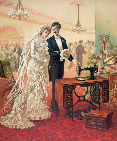 Vintage advertisement for a sewing machine shows a bride and groom at their wedding having a look over their new gift.