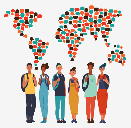 Young, smiling people with backpacks. Travel, vacation, holidays and adventure vector concept illustration. World map made of colorful speech bubbles