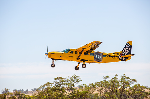York, Australia - 15th February, 2020: Skydive participants in a Skydive Australia airplane just after takeoff in York, Western Australia.