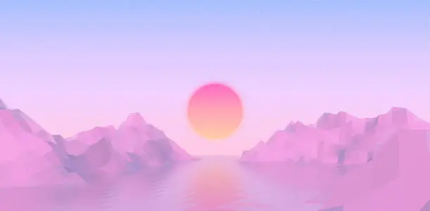 Vector illustration of Abstract vaporwave landscape with sun rising over pink mountains and sea on calm pink and blue background. Vector illustration