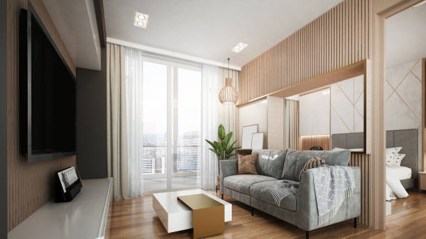 펜트 하우스 거실과 침실의 현대적인 고급 인테리어 디자인 - loft apartment window apartment vehicle interior 뉴스 사진 이미지