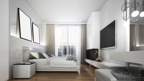 istock Modern white bedroom interior design and tv console 1249500183