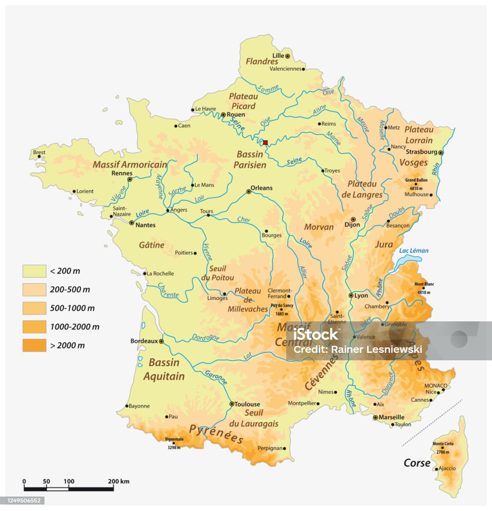 Detailed physical vector map of the French republic - Royalty-free França arte vetorial