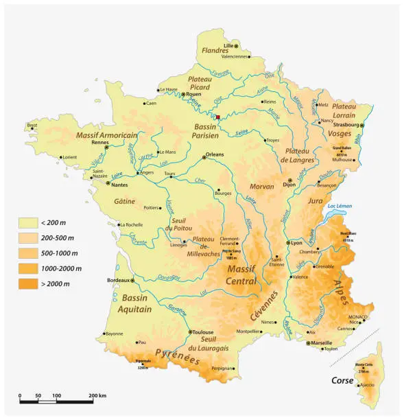 Vector illustration of Detailed physical vector map of the French republic